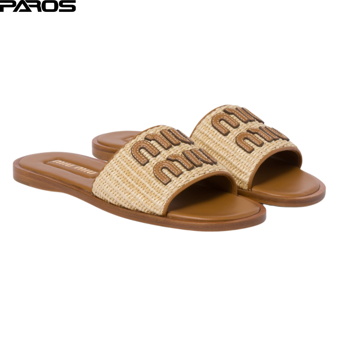 Raffia-effect woven fabric slides