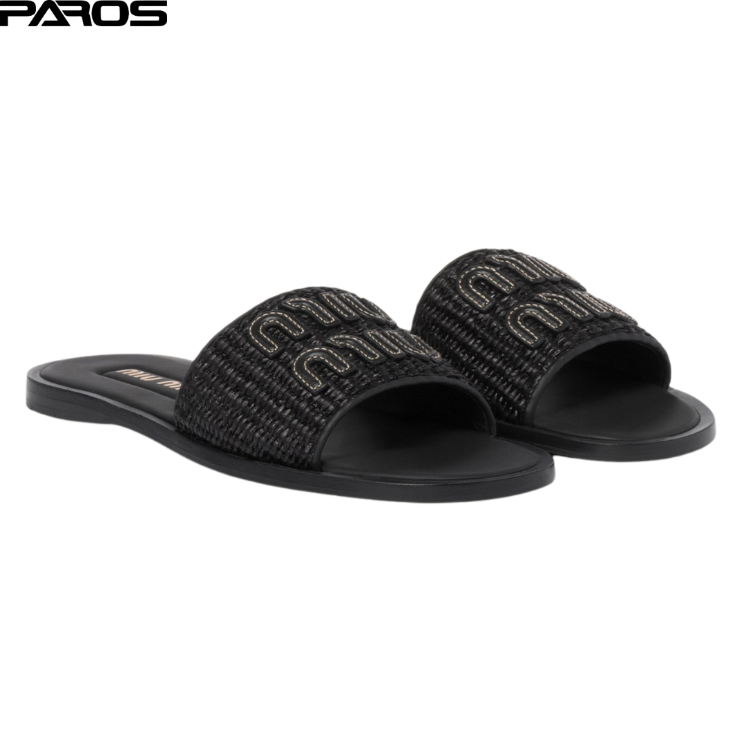 Raffia-effect woven fabric slides-Black