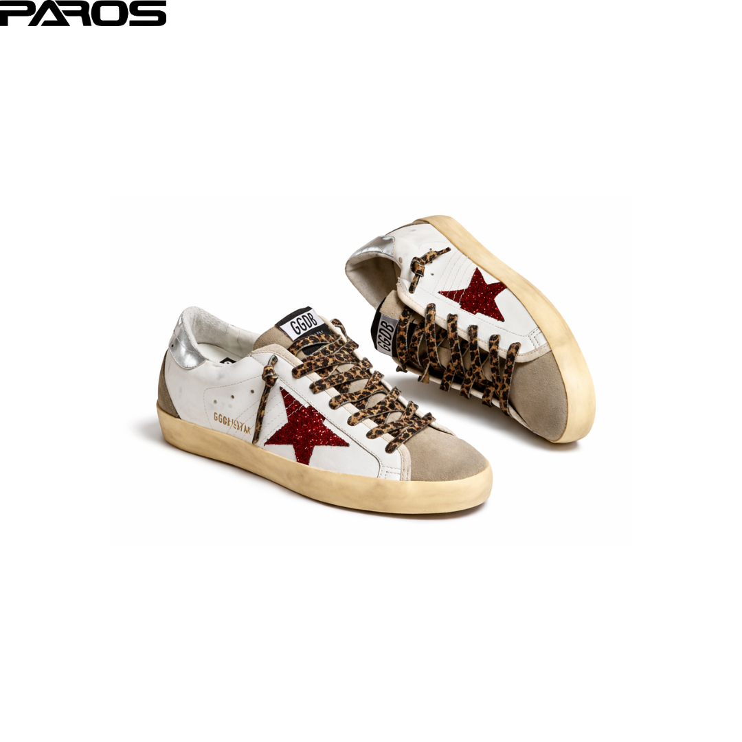 Golden goose Super-Star with burgundy glitter star and silver heel tab