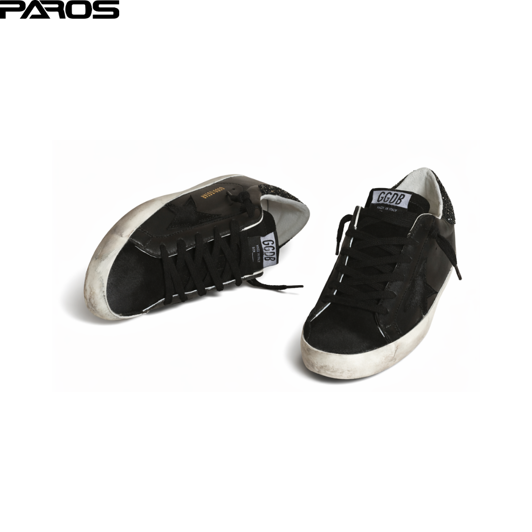 Golden goose Super-Star in black nappa with black star and glitter heel tab