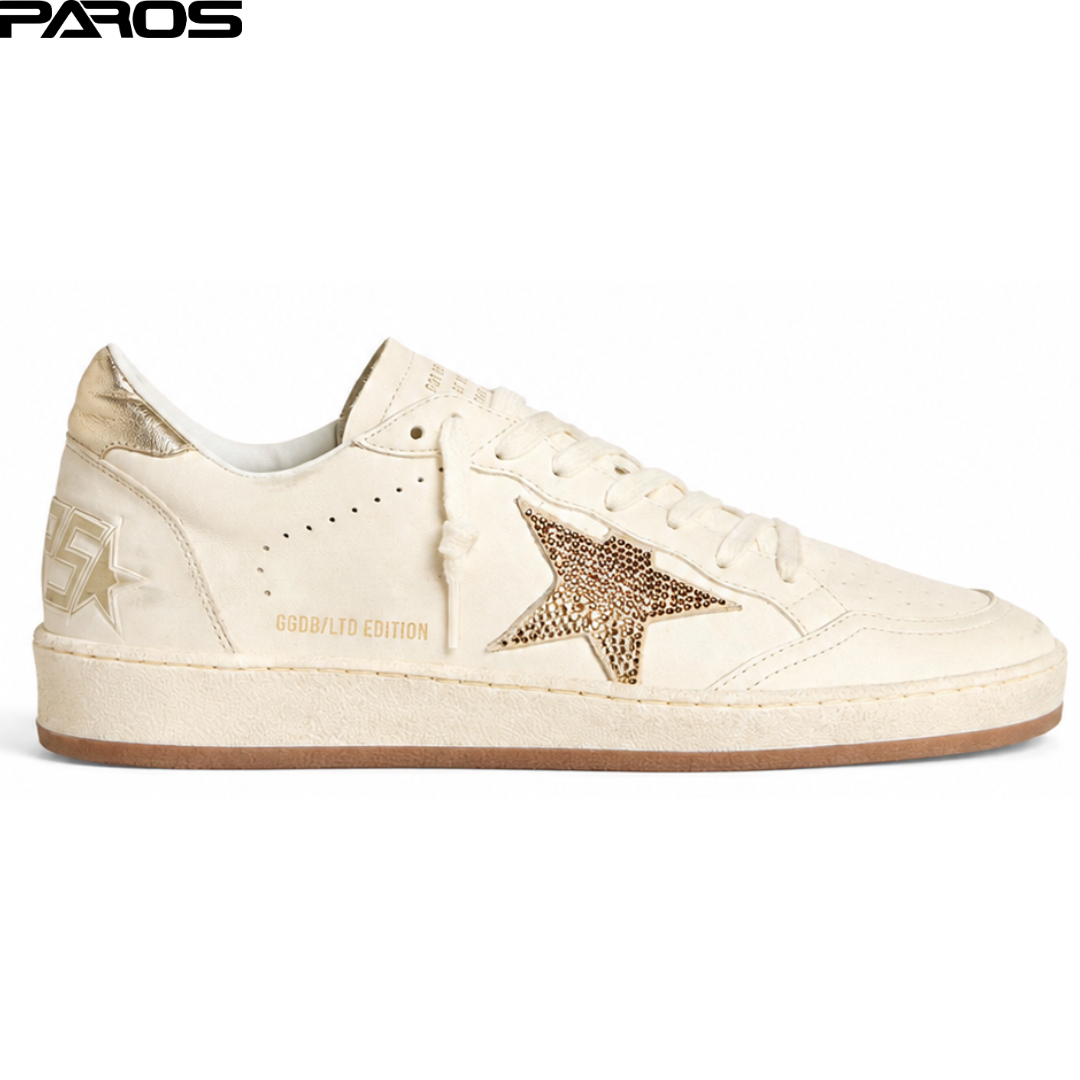 Golden Goose Ball Star in white leather with crystal star and metallic heel tab
