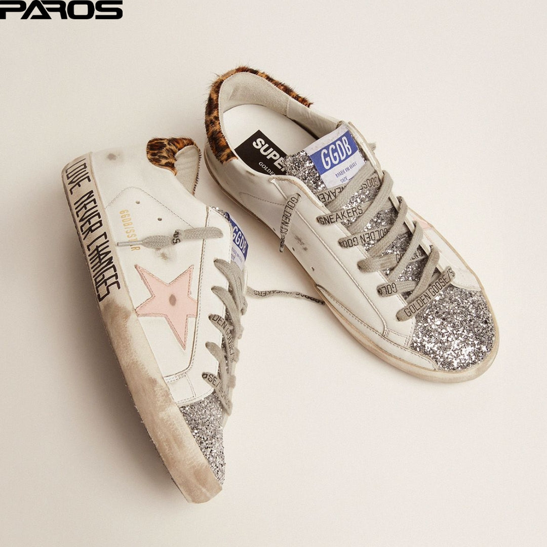 Golden Goose Superstar in silver glitter tongue and handwritten lettering on the foxing