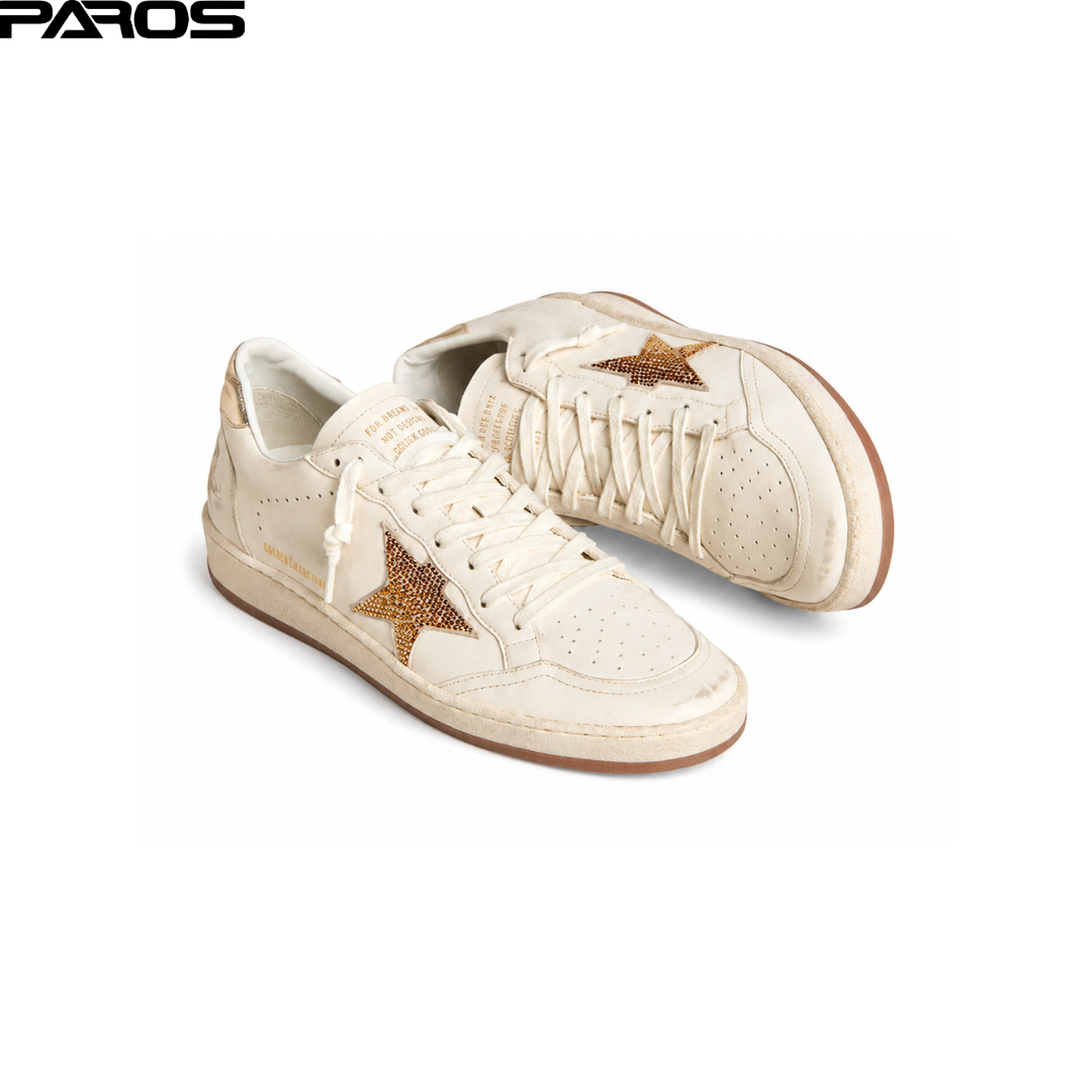 Golden Goose Ball Star in white leather with crystal star and metallic heel tab
