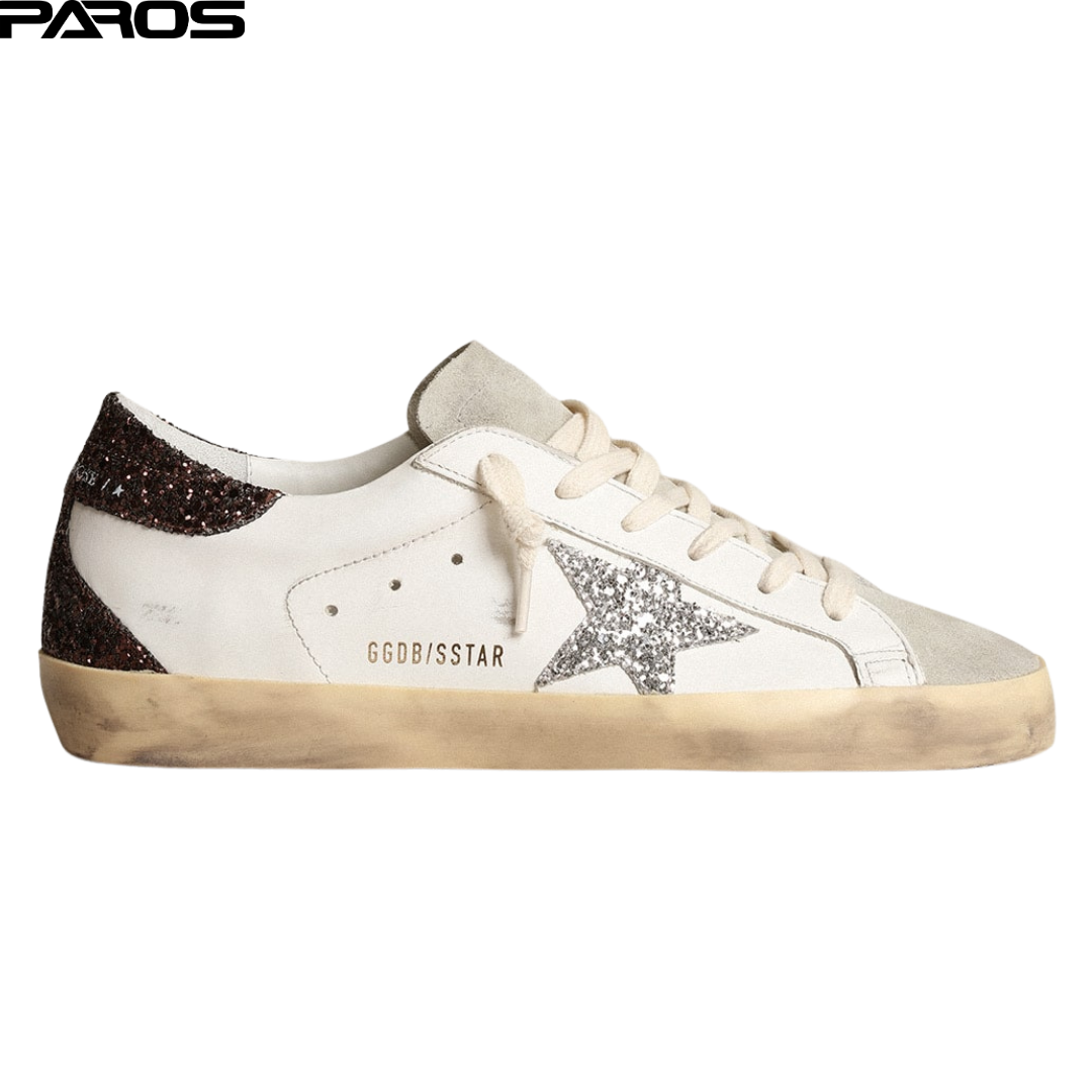 Golden goose Super-Star with silver star and brown glitter heel tab