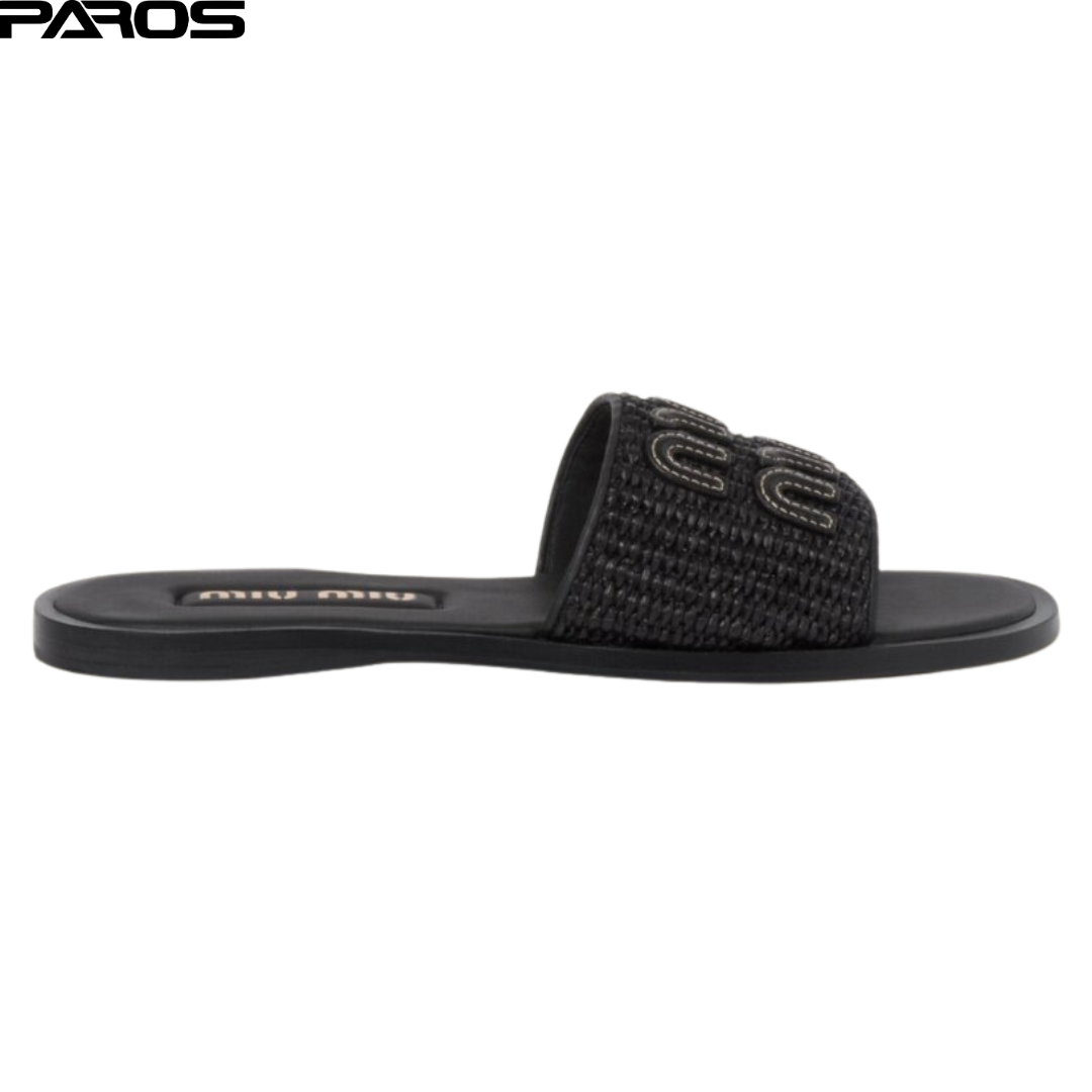 Raffia-effect woven fabric slides-Black