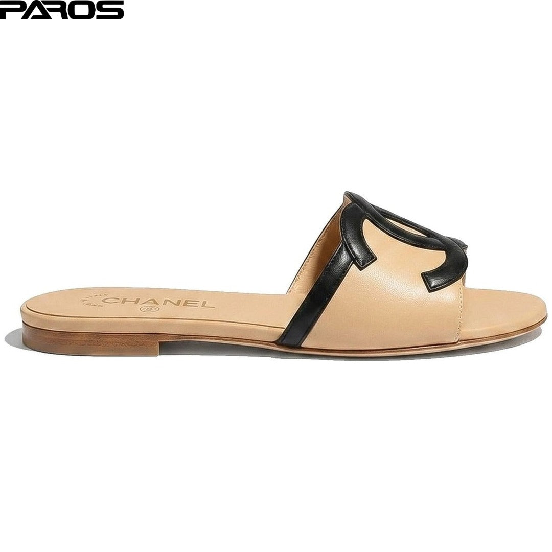 Chanel CC Cutout Sandal Mules 'Beige Black'