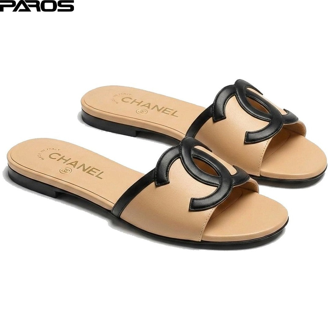 Chanel CC Cutout Sandal Mules 'Beige Black'