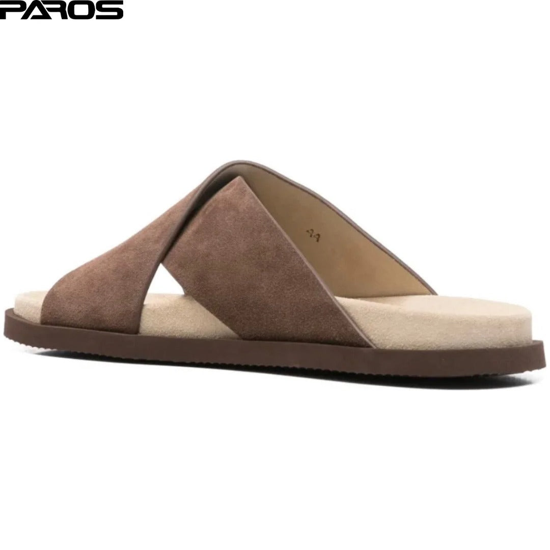 Brunello Cucinelli Cross-Strap Suede Slides