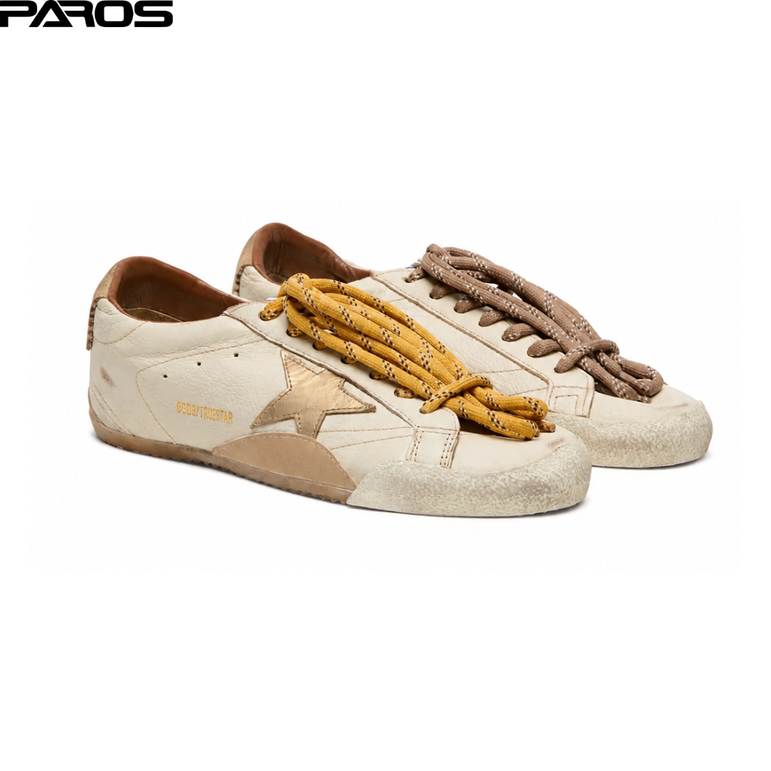 Golden Goose True-Star in white nappa leather with gold foiled leather star and beige suede heel tab