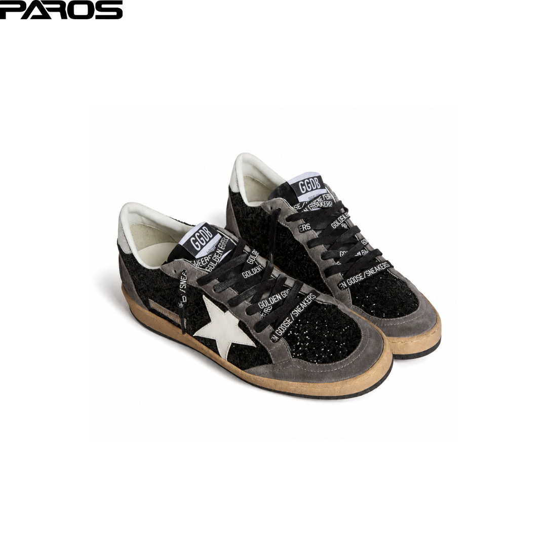 Golden Goose Ball Star in glitter with leather star and metallic leather heel tab
