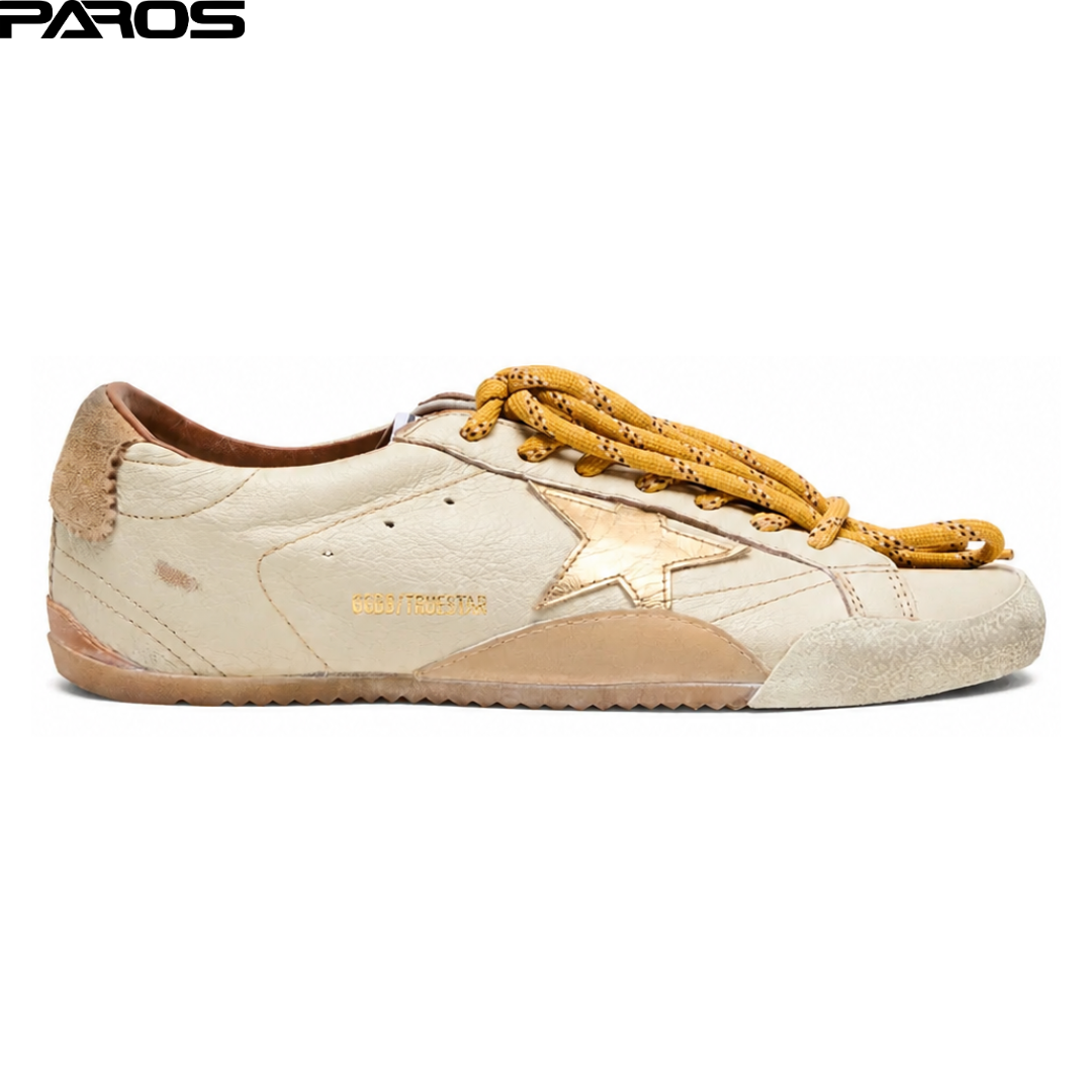 Golden Goose True-Star in white nappa leather with gold foiled leather star and beige suede heel tab