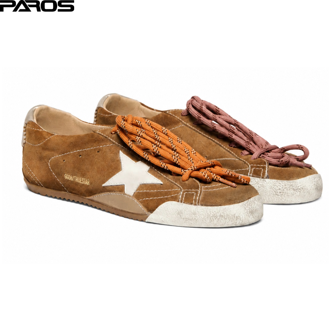 Golden Goose True-Star in tobacco-colored suede with white star and platinum heel tab