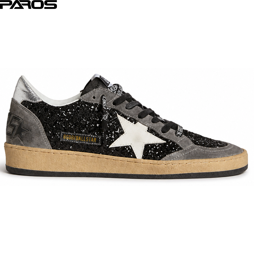 Golden Goose Ball Star in glitter with leather star and metallic leather heel tab
