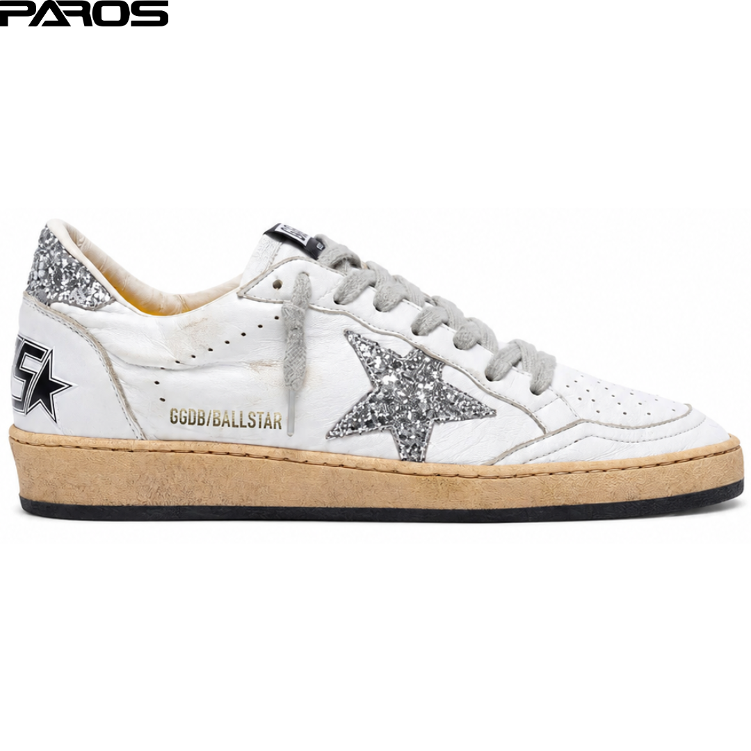 Golden Goose Ball Star in nappa with white star and glitter heel tab