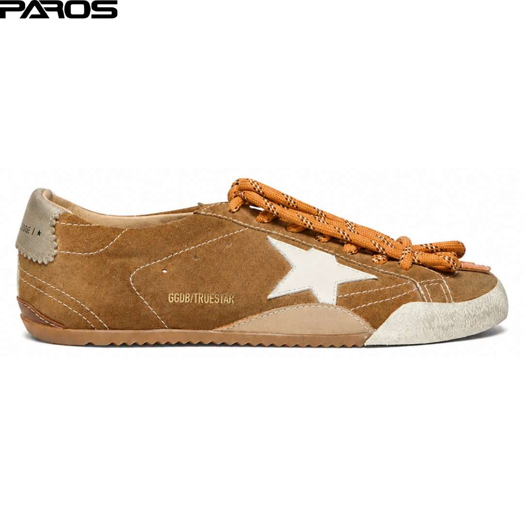 Golden Goose True-Star in tobacco-colored suede with white star and platinum heel tab
