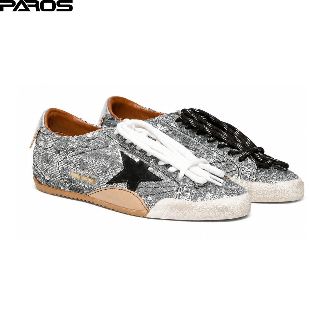 Golden Goose True-Star in silver sequins with black star and silver leather heel tab