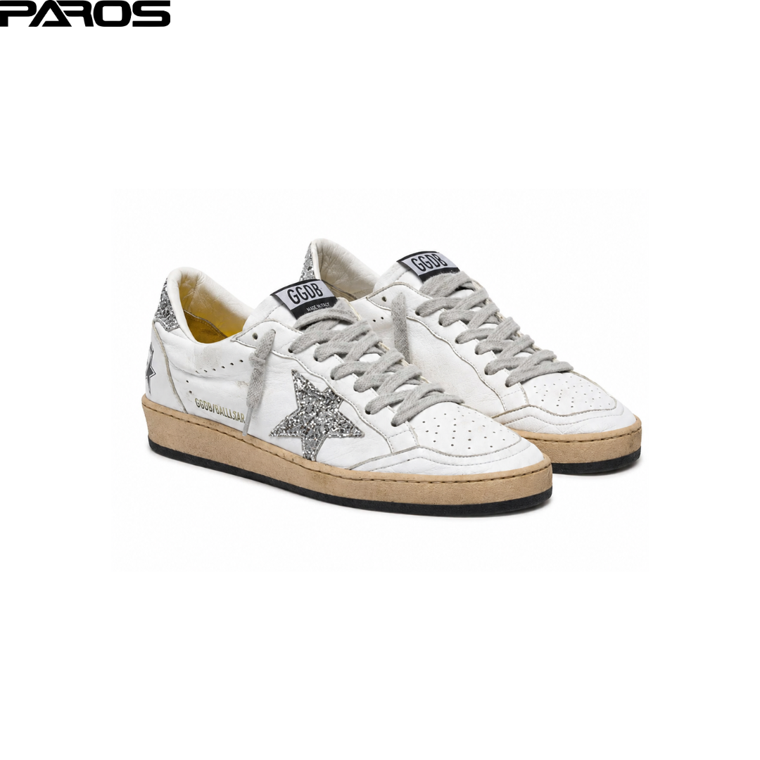 Golden Goose Ball Star in nappa with white star and glitter heel tab
